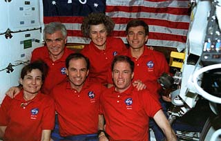 STS-76 crew portrait in middeck 